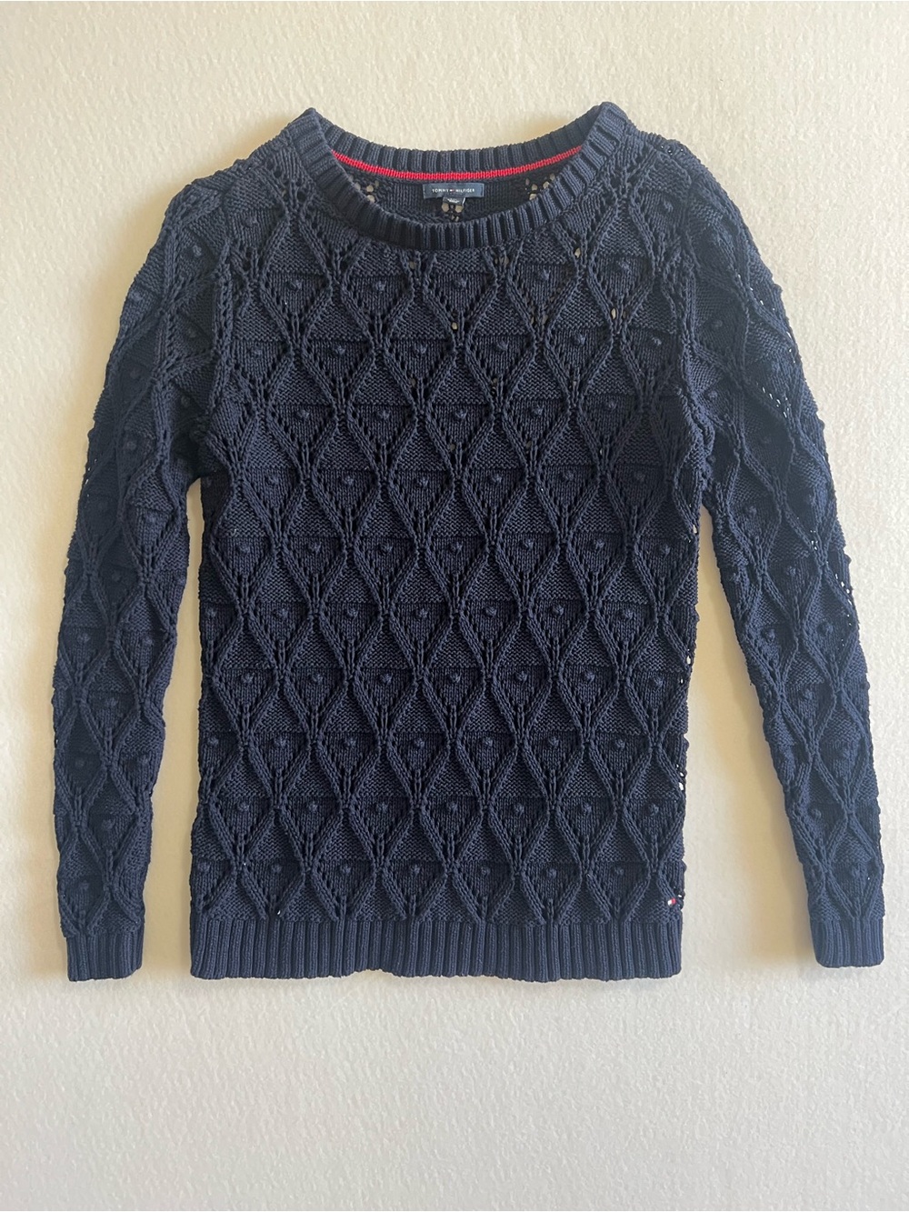 Tommy Hilfiger Womens L Navy Open Knit Cable Sweater Crewneck Cotton Preppy